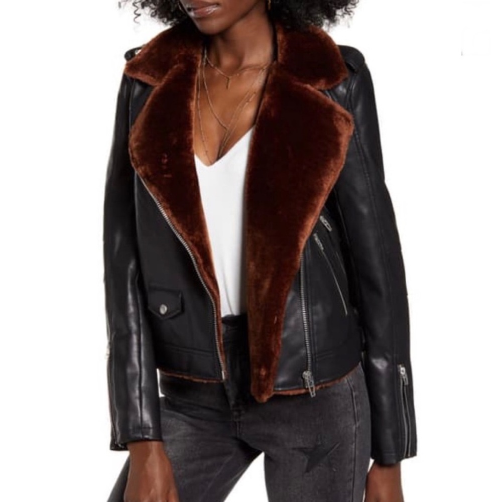 Blank NYC Black Leather Jacket with Brown Faux Fur